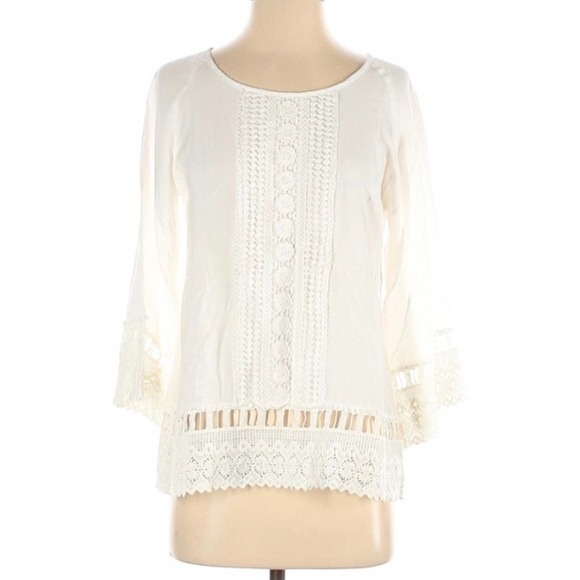 Solitaire Tops - Solitaire • White Lace & Crochet 3/4 Sleeve Top, 100% Cotton, Size Small
